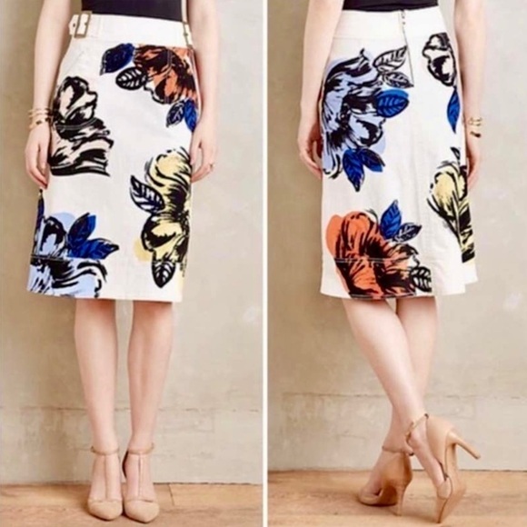 Anthropologie Maeve - White Denim Floral Belt Skirt - Picture 1 of 10
